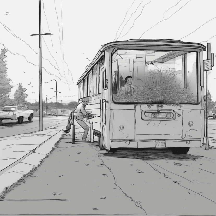 Bus driver watches dandelion outlast concrete cracks.