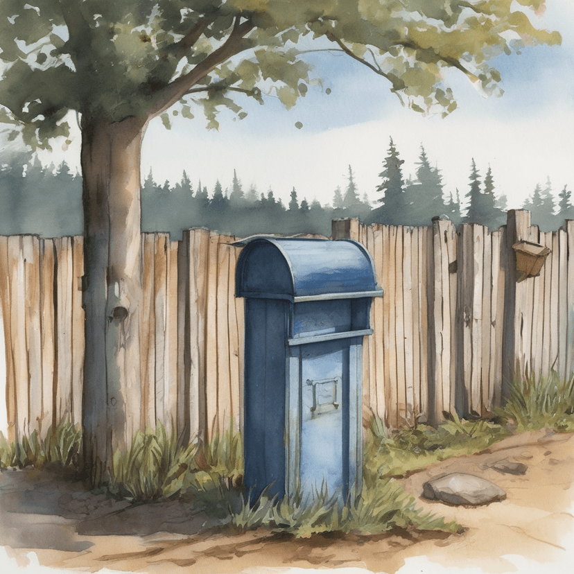 Fading 'Phase 1' on fence, mailbox waits.